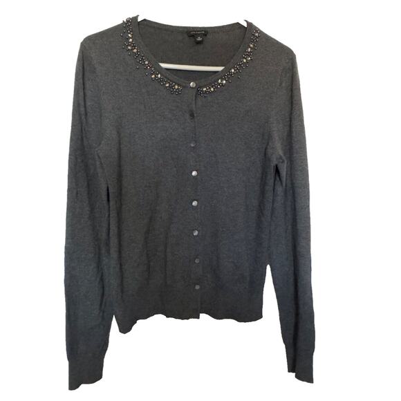 Ann Taylor Embroidered Beaded Cardigan Sweater Gray Size M Rayon Cotton, Classic - Picture 1 of 5